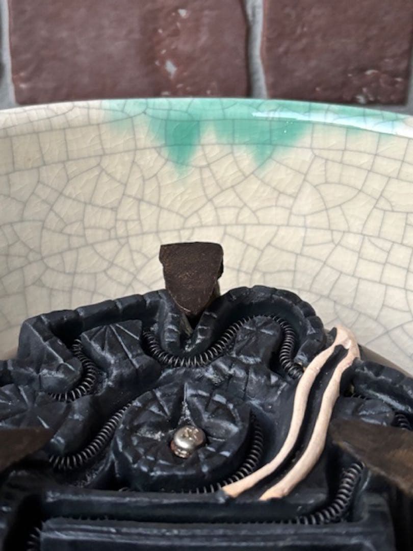 茶道具 野々田商店緑釉掛さつま織部紅鉢型風炉型電熱器炭型ヒーター香入敷板・紙箱付