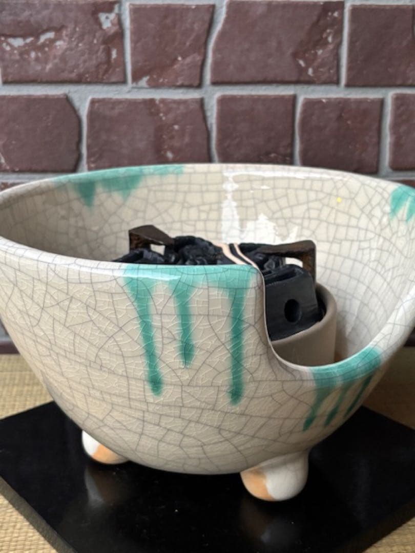 茶道具 野々田商店緑釉掛さつま織部紅鉢型風炉型電熱器炭型ヒーター香入敷板・紙箱付