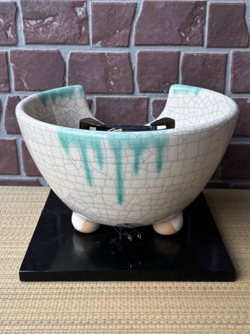 茶道具 野々田商店緑釉掛さつま織部紅鉢型風炉型電熱器炭型ヒーター香入敷板・紙箱付