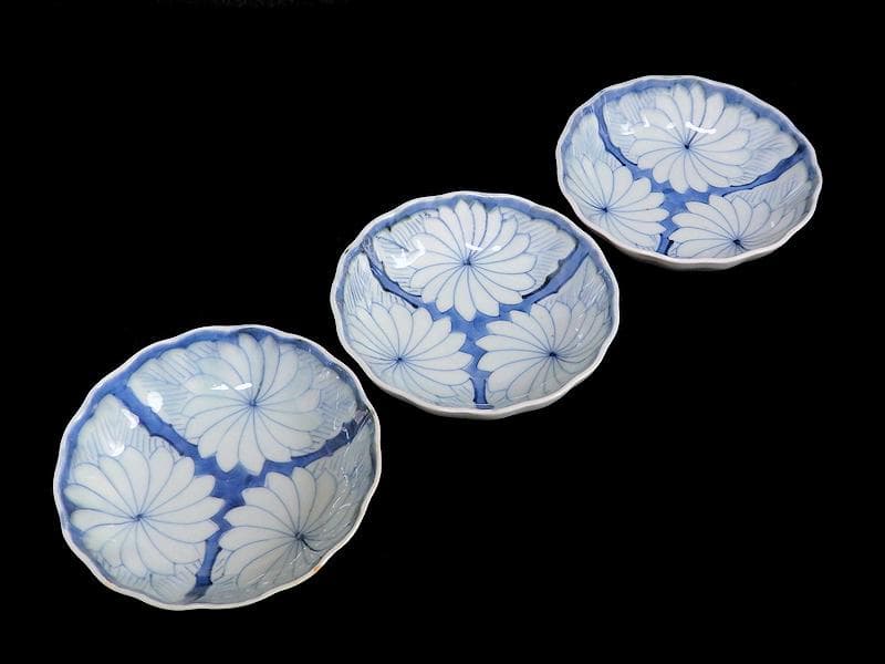古伊万里　染付　割絵　菊の図　膾皿　３客　D760AS-BVk
