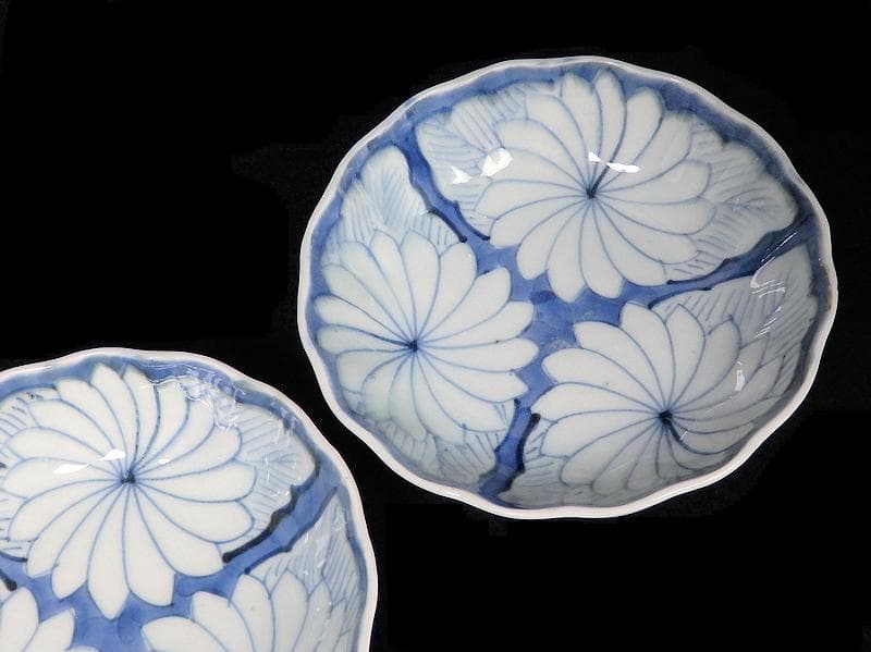 古伊万里　染付　割絵　菊の図　膾皿　３客　D760AS-BVk