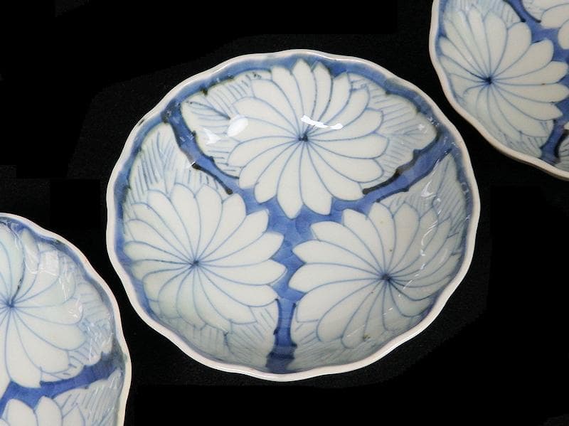 古伊万里　染付　割絵　菊の図　膾皿　３客　D760AS-BVk