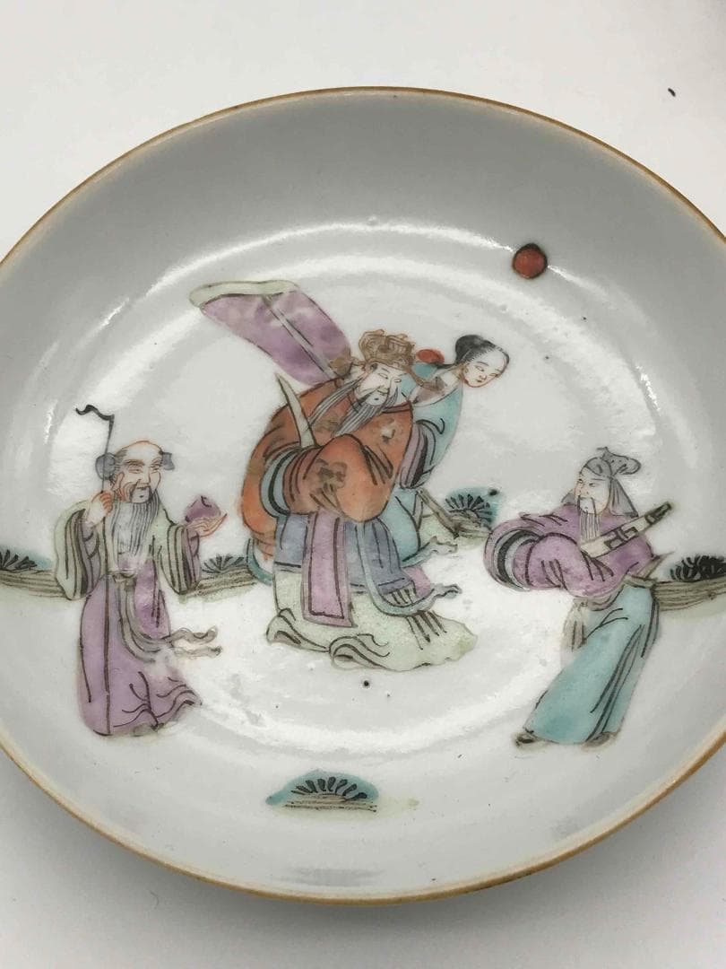 清同治時代 【同治年製 】在銘 粉彩三星人物文盤一対 人物物語文皿 (C-50)