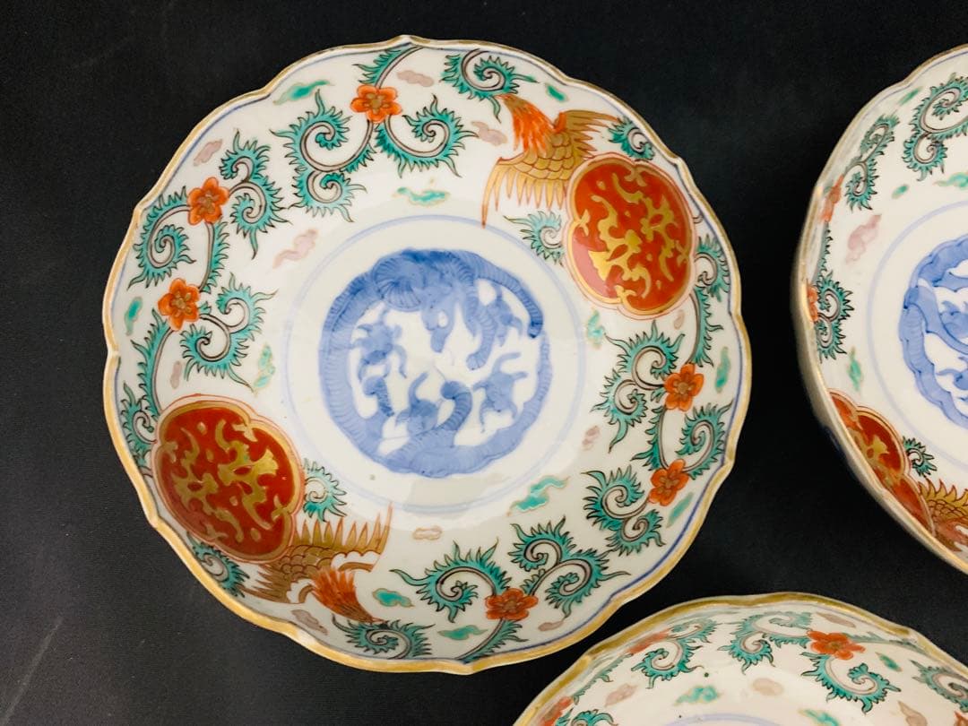錦手金彩色絵　花唐草　龍　鳳凰　なます皿　5客　伊万里　時代皿