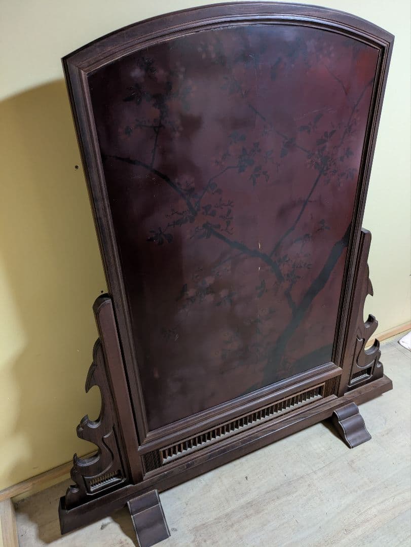 木製 黒漆塗り 螺鈿細工 衝立