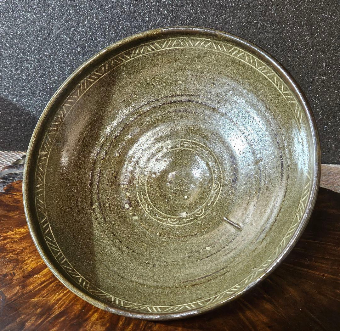 【古作品❗】李朝　高麗青磁写し　象嵌　太陽に鳥の図　鉢　菓子鉢　茶道具　茶器