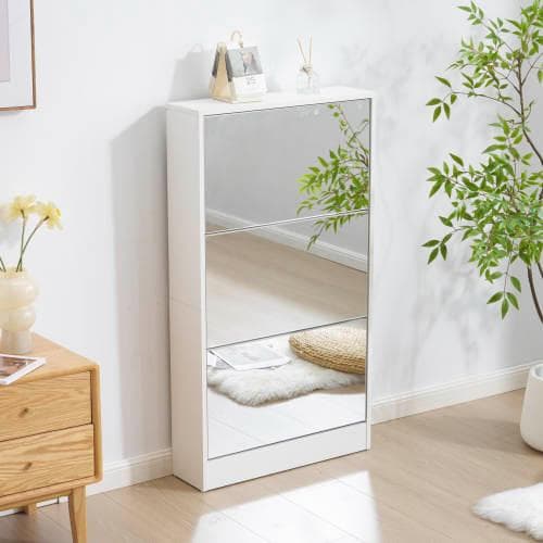 【鏡タイプ】下駄箱3段 シューズラック 玄関収納 ひとり暮らし スリムタイプ