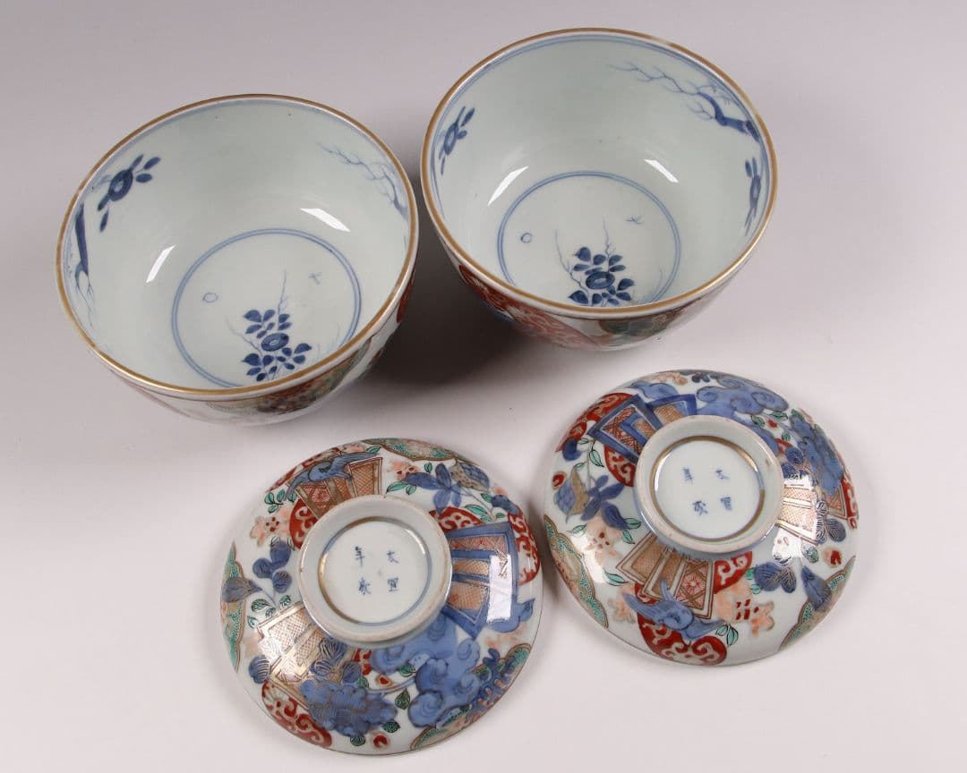 古伊万里 色絵蓋茶碗 二客 太宣年成 花鳥 錦手 染錦 赤絵 金彩 M859