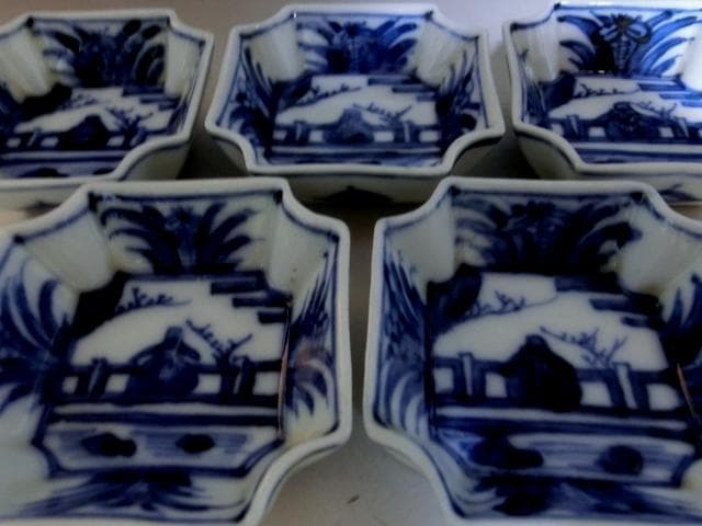 小皿■染付人物絵【大日本永楽造】5客 手塩皿 古京焼 永楽得全 青華 古玩 骨董