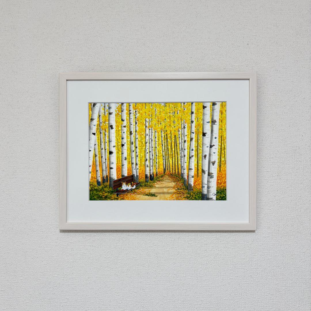 透明水彩画　原画　「白樺の小径01」額縁付き　F4サイズ　風景画