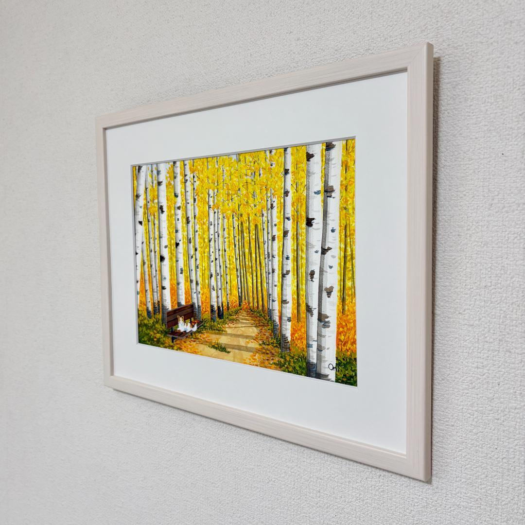 透明水彩画　原画　「白樺の小径01」額縁付き　F4サイズ　風景画