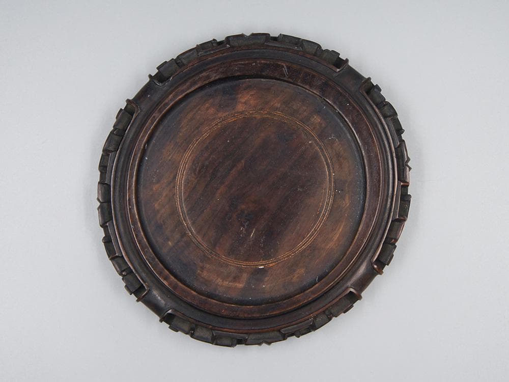 【木】　★ 竹木 唐木透彫拐子紋底座 ★　清時代　圓形 四足 細工彫刻　文房珍玩