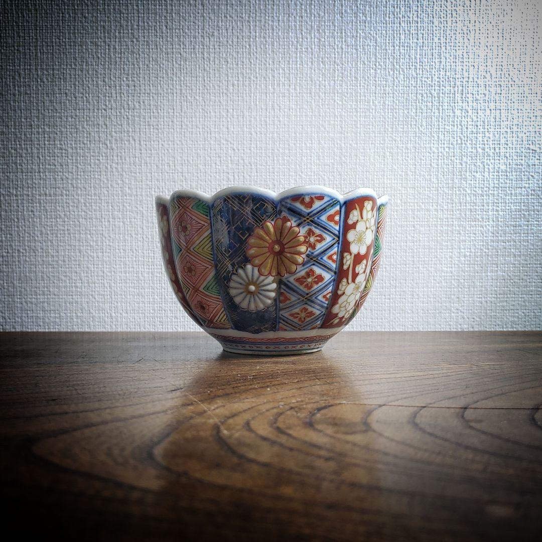 古伊万里 奇玉宝鼎之珍 金彩色絵 花草文 輪花　向付　菊　大聖寺伊万里　ニュウ