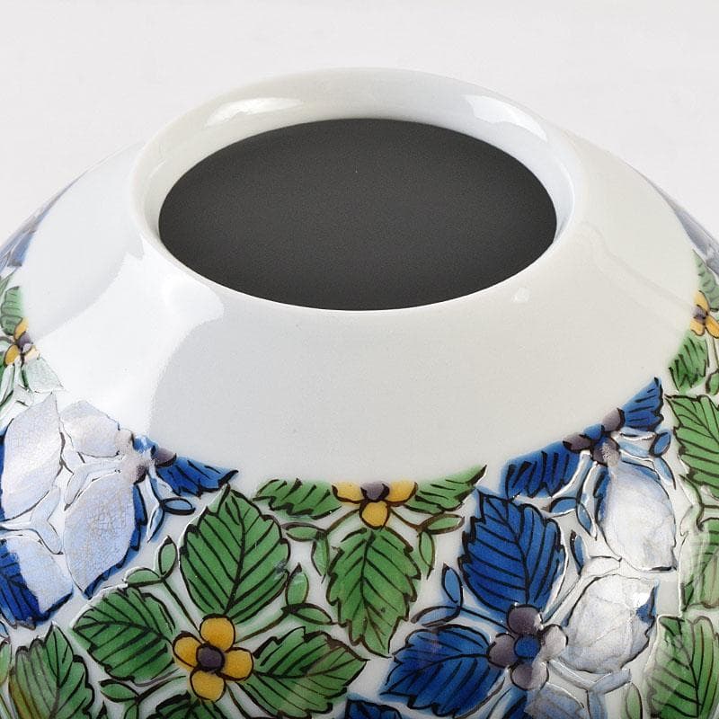 九谷焼　宮川哲爾造　色絵草花更紗文　壺　共箱　M　R9209B