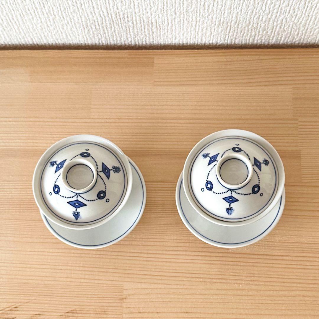 青華 染付 瓔珞文蓋碗 茶藝 在銘 加藤清昌 蓋付碗　煎茶碗　茶道具 茶器 骨董