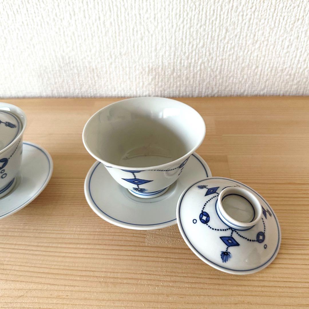 青華 染付 瓔珞文蓋碗 茶藝 在銘 加藤清昌 蓋付碗　煎茶碗　茶道具 茶器 骨董