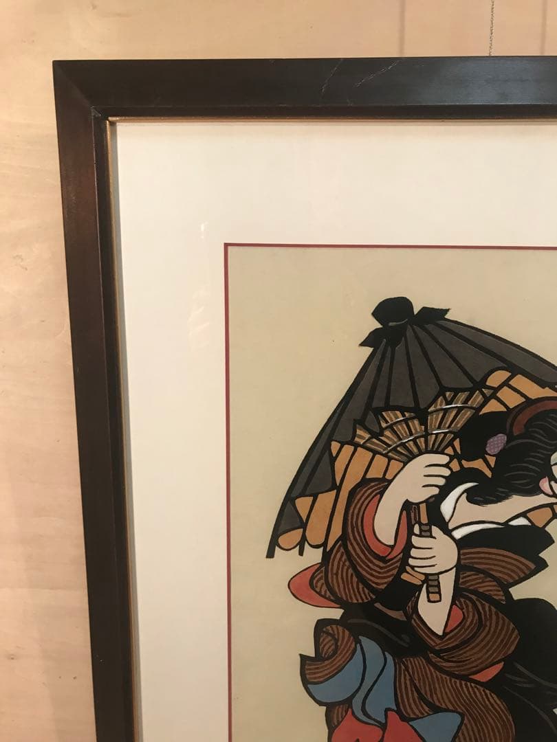 森義利　「傘さす女」　木版画・合羽摺　直筆サイン・落款・エディション有り