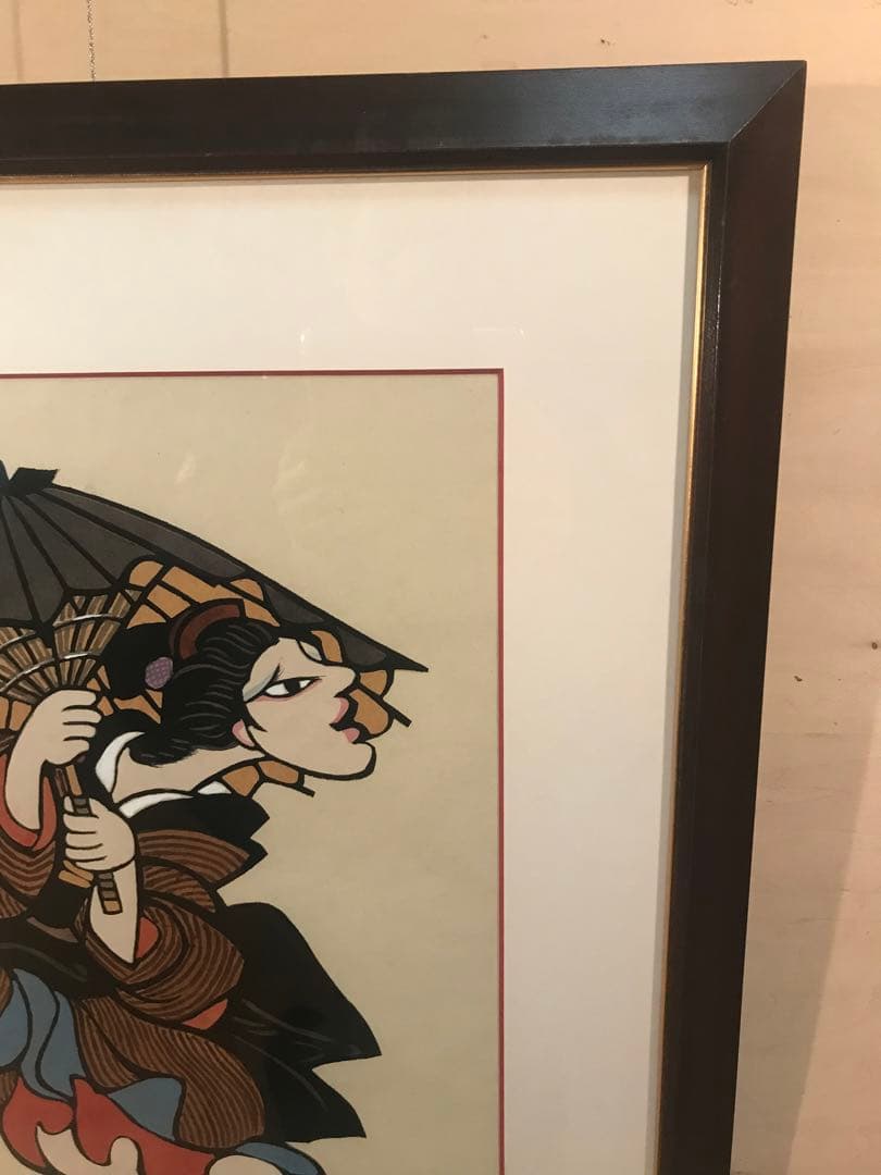 森義利　「傘さす女」　木版画・合羽摺　直筆サイン・落款・エディション有り