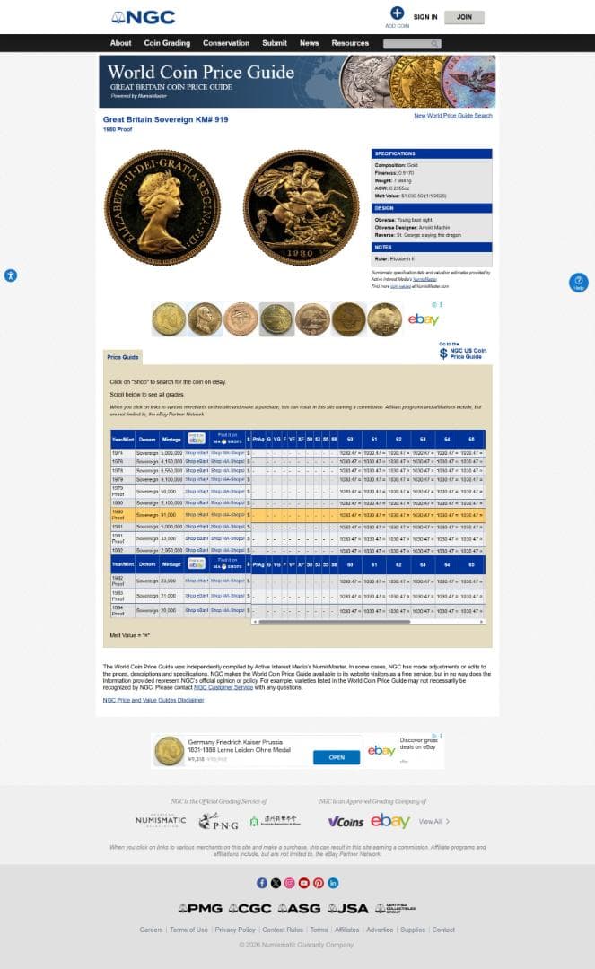 準最高鑑定　NGC-PF69 　ヤングエリザベス　ソブリン　1980