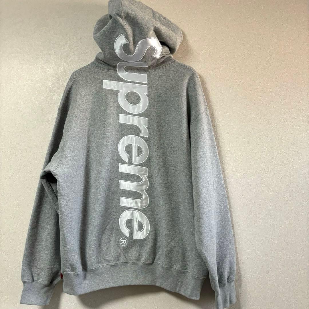 Supreme サテン アップリケ スウェット パーカー　ビックロゴ　グレー　L