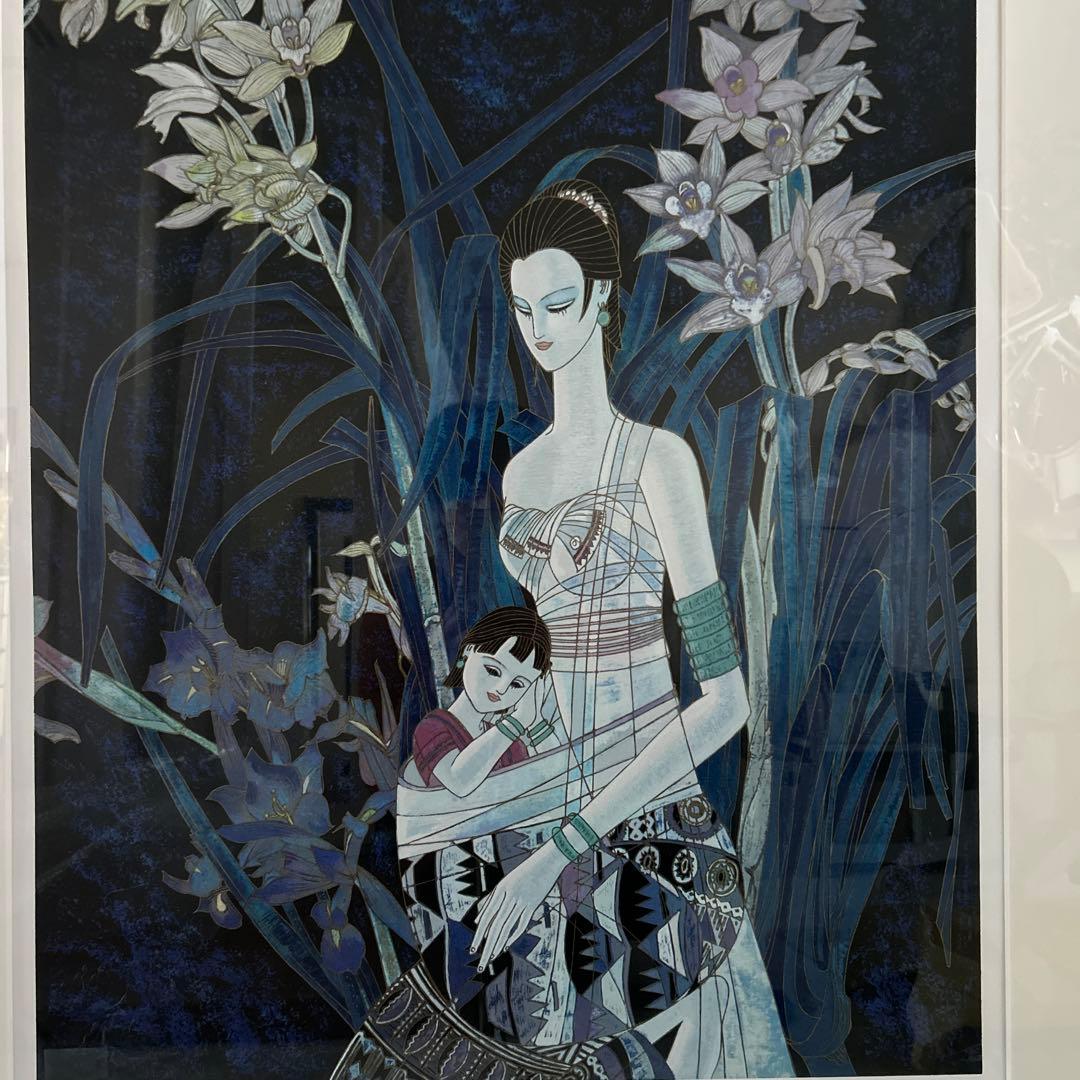 【美品】ティン・シャオカン　丁 紹光　花影の母子像　シルクスクリーン