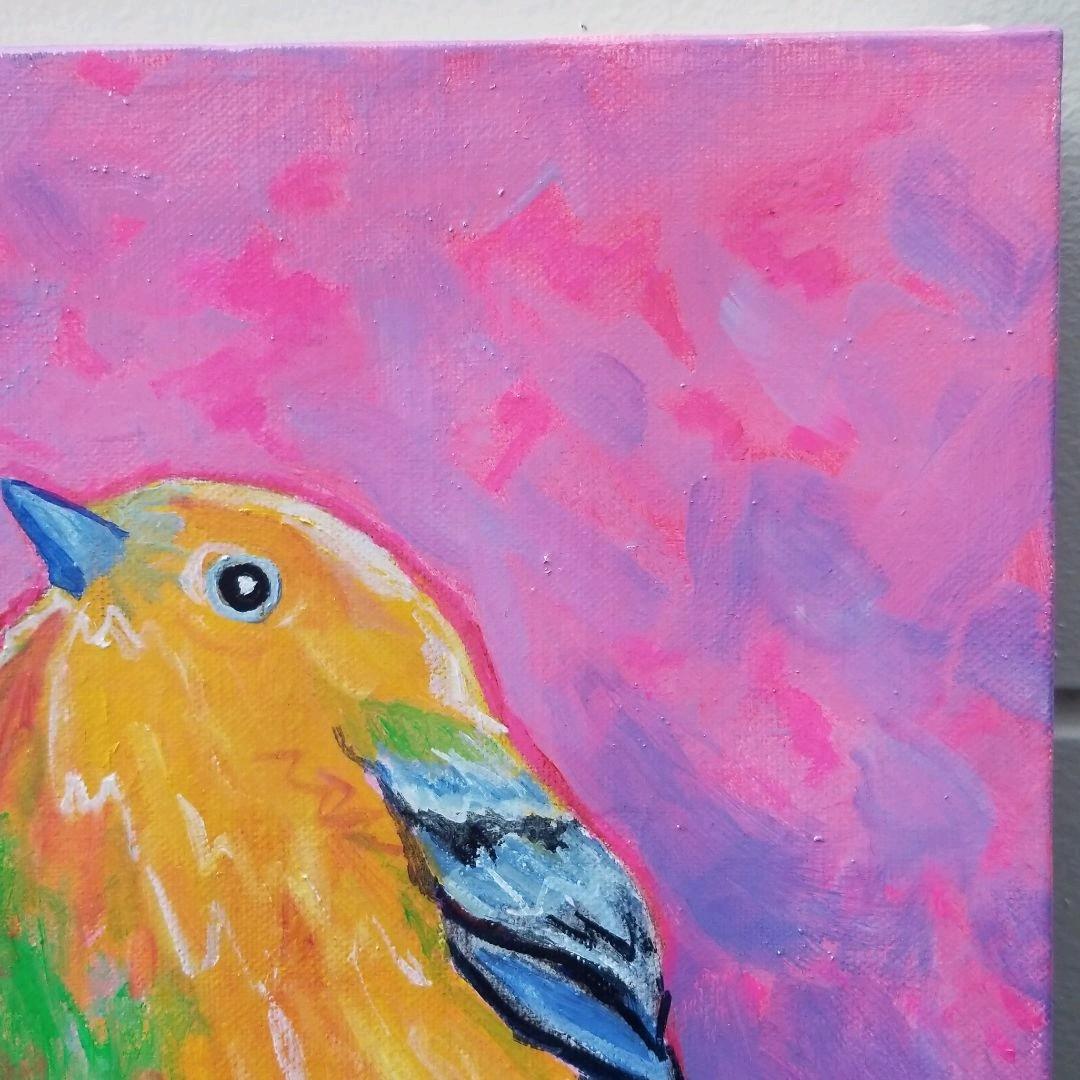 油絵　専用　朝やけに胸をはる黄色い鳥