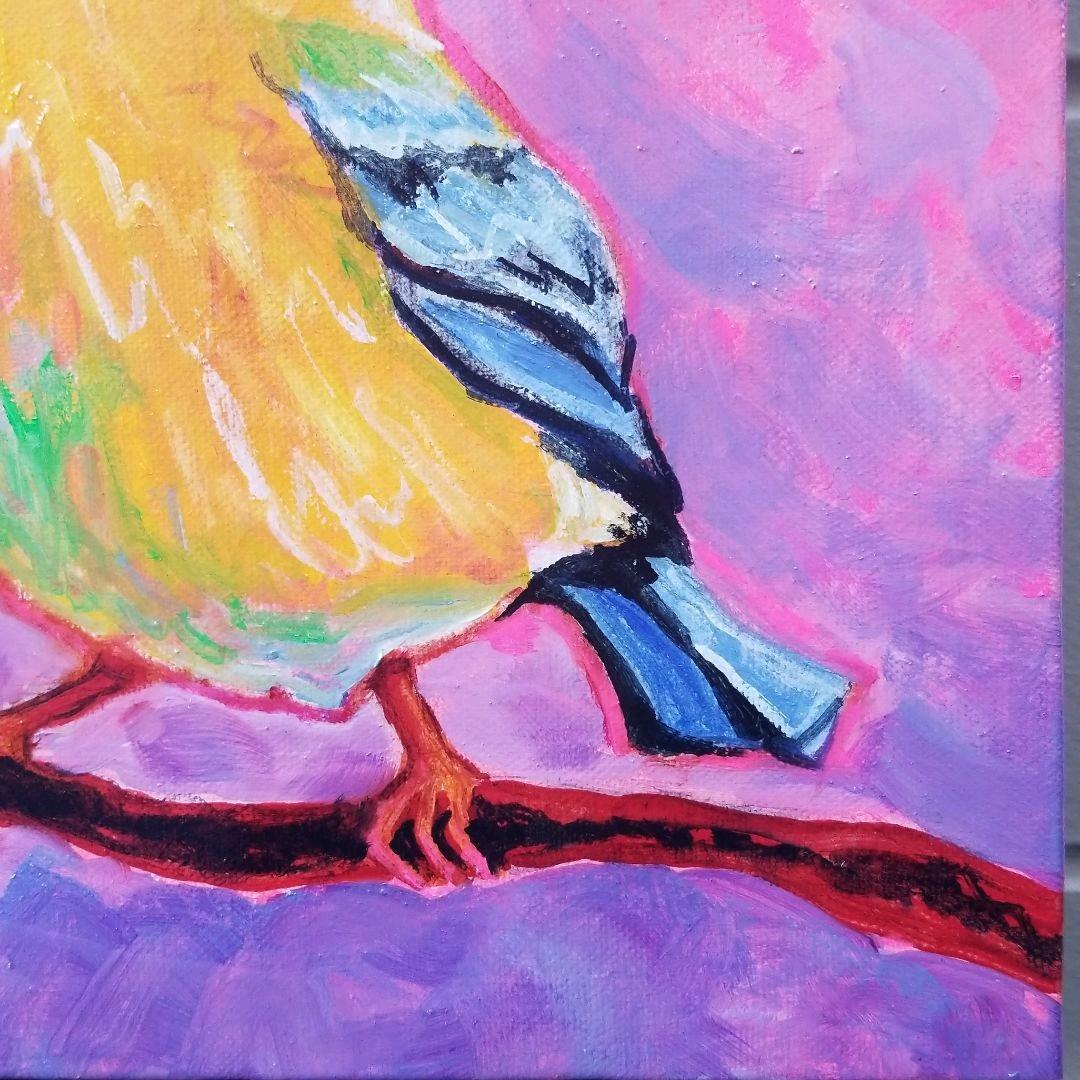 油絵　専用　朝やけに胸をはる黄色い鳥