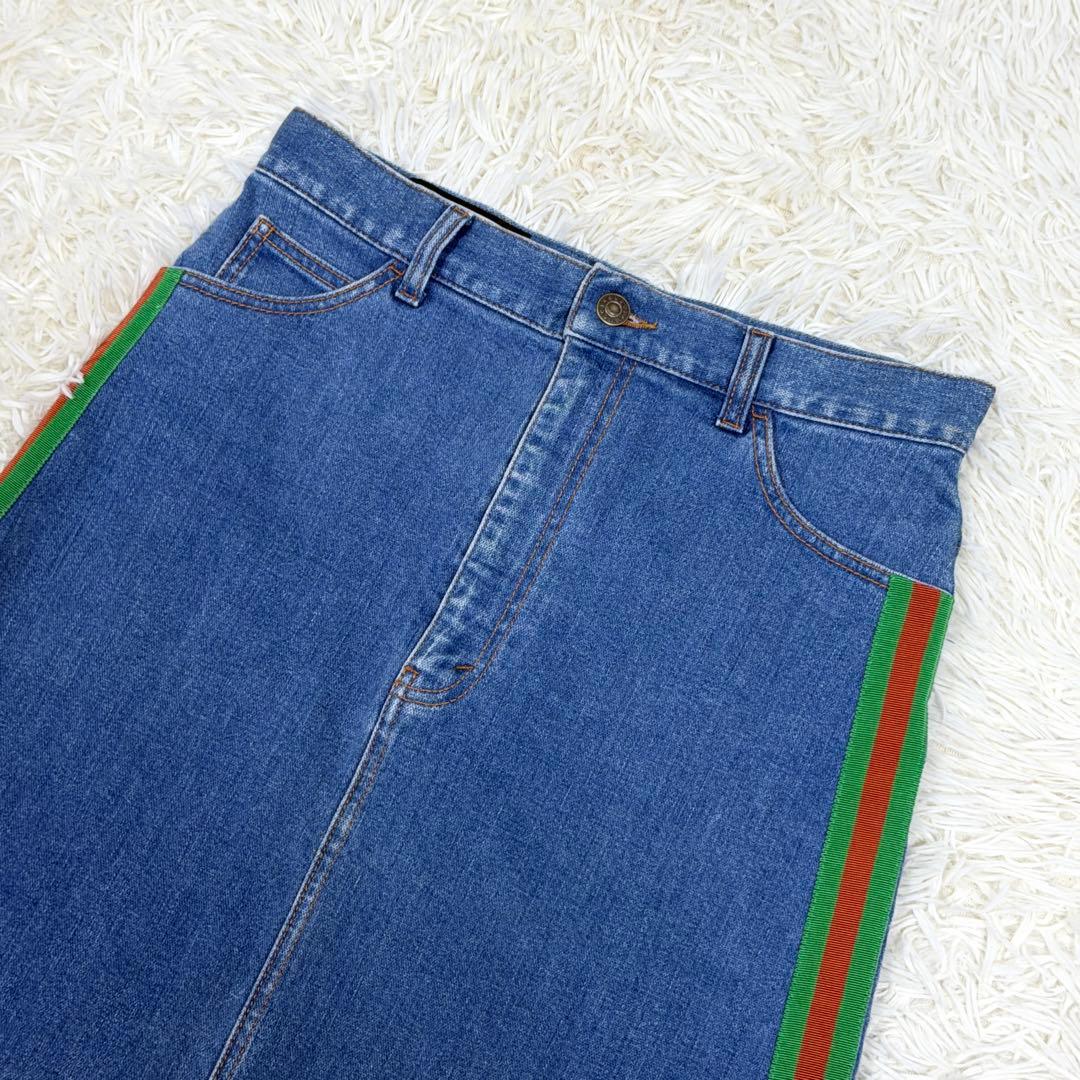 【極美品】グッチ デニムスカート シェリーライン ウェブストライプ レザーパッチ