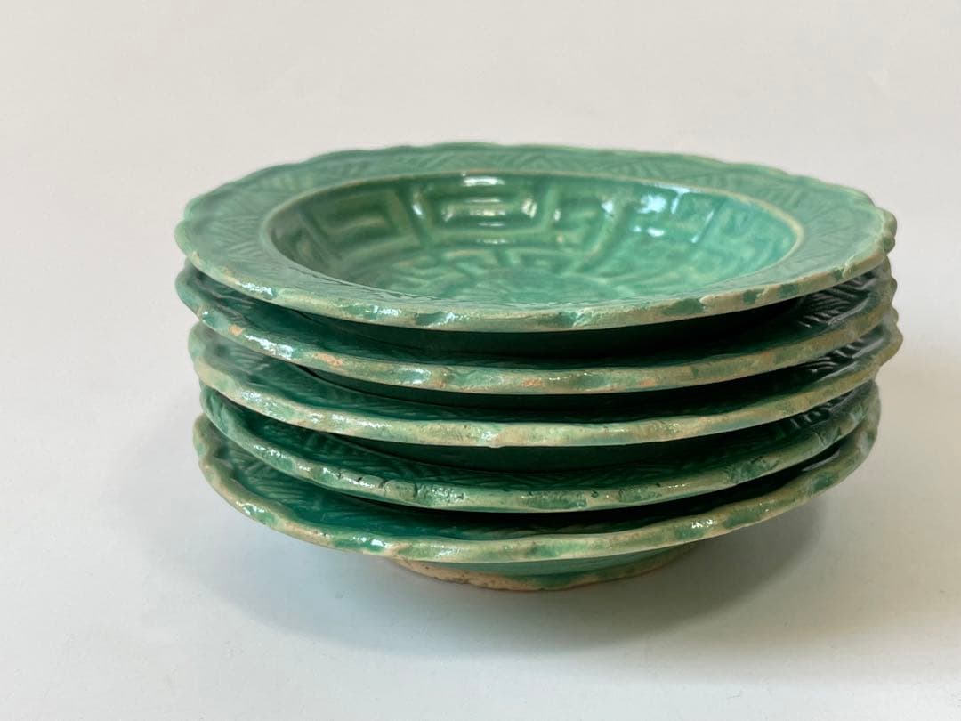 骨董　豆皿　小皿　丸皿　輪花皿　菊文様　輪花縁　手塩皿　5枚