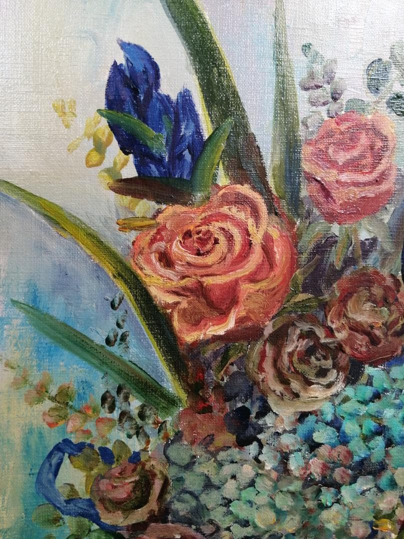 ギフト、レトロなスタイルの花束、油絵, バラ, あじさい