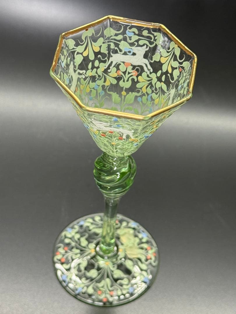 19世紀 アンティーク ベネチアガラス 金 エナメル彩 然文 緑色 八角 グラス