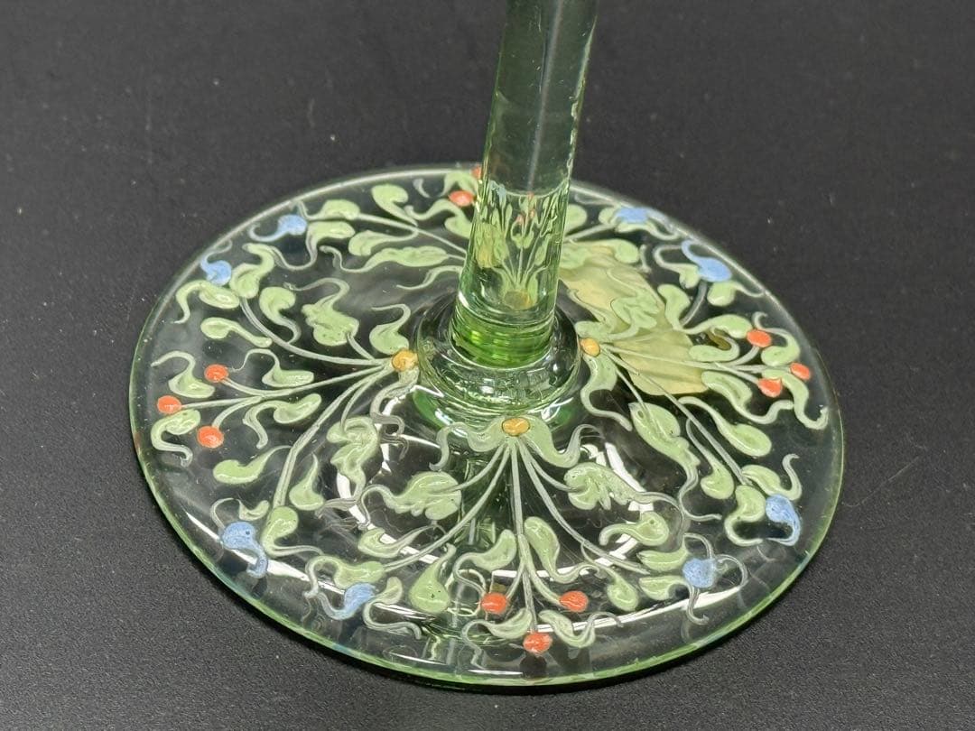 19世紀 アンティーク ベネチアガラス 金 エナメル彩 然文 緑色 八角 グラス