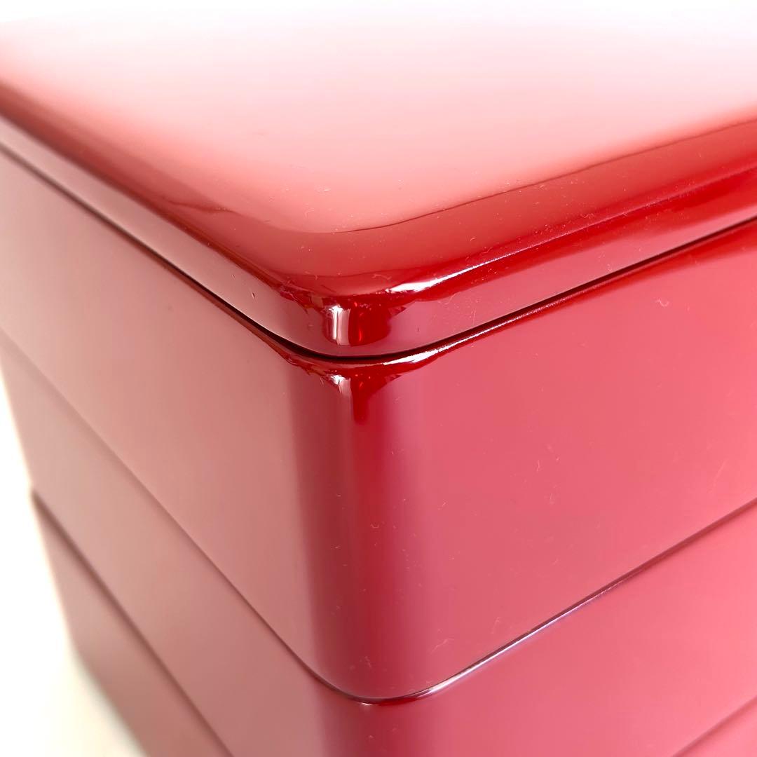 【美品】漆器 木製 漆塗り 重箱 三段重箱 三段重 お重 赤 日本製 モダン