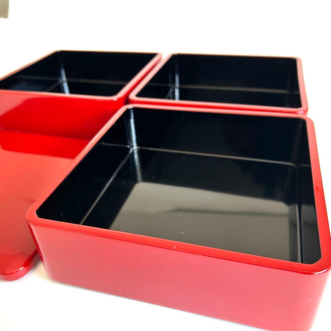 【美品】漆器 木製 漆塗り 重箱 三段重箱 三段重 お重 赤 日本製 モダン