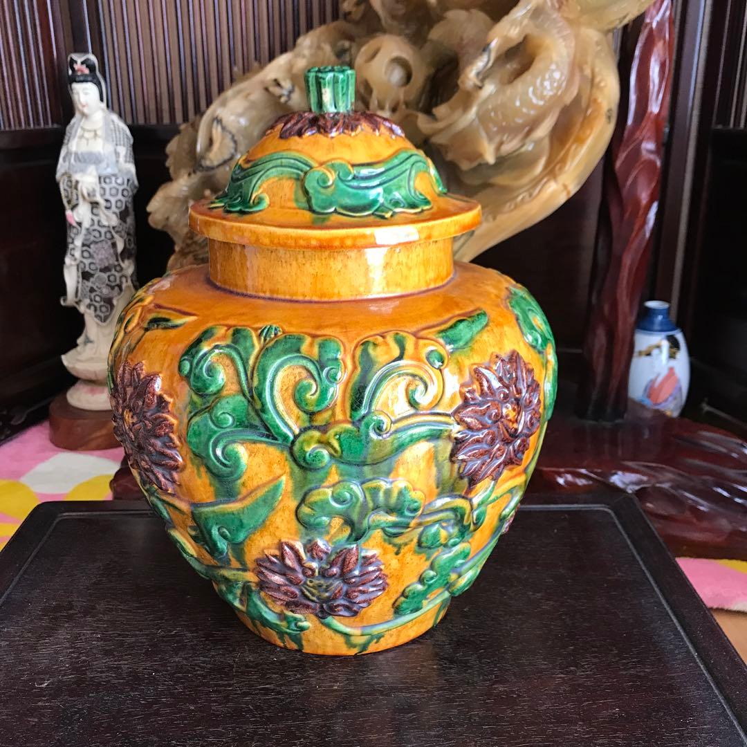 中国美術　骨董品　花瓶　壺　唐三彩　蓋付き壺　古美術　重い！6.1キロ