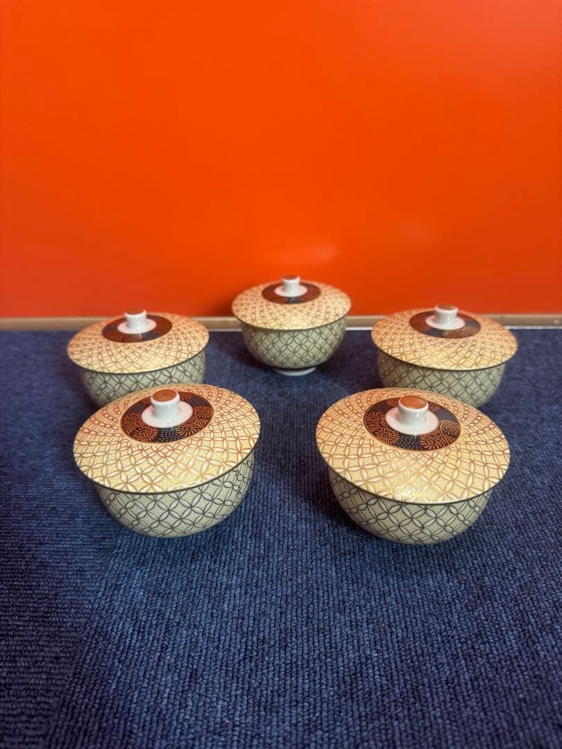 1747 九谷焼　金七宝　湯呑蓋付　5客　金彩　未使用