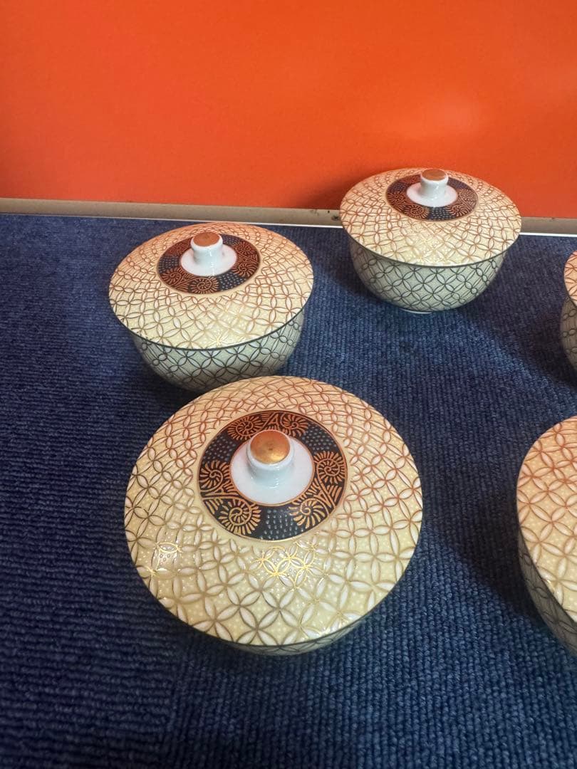 1747 九谷焼　金七宝　湯呑蓋付　5客　金彩　未使用