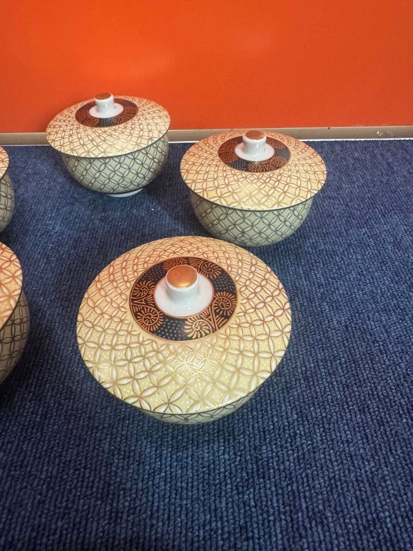 1747 九谷焼　金七宝　湯呑蓋付　5客　金彩　未使用