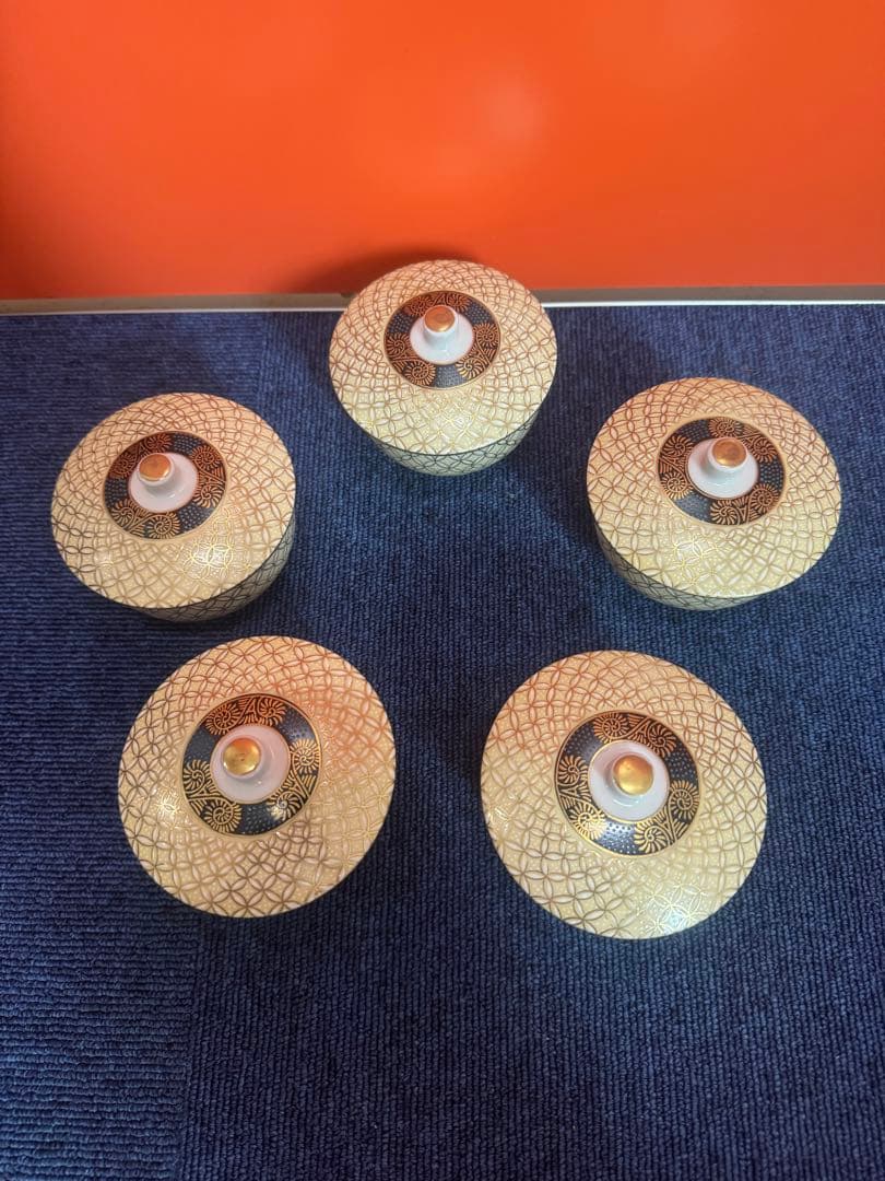 1747 九谷焼　金七宝　湯呑蓋付　5客　金彩　未使用