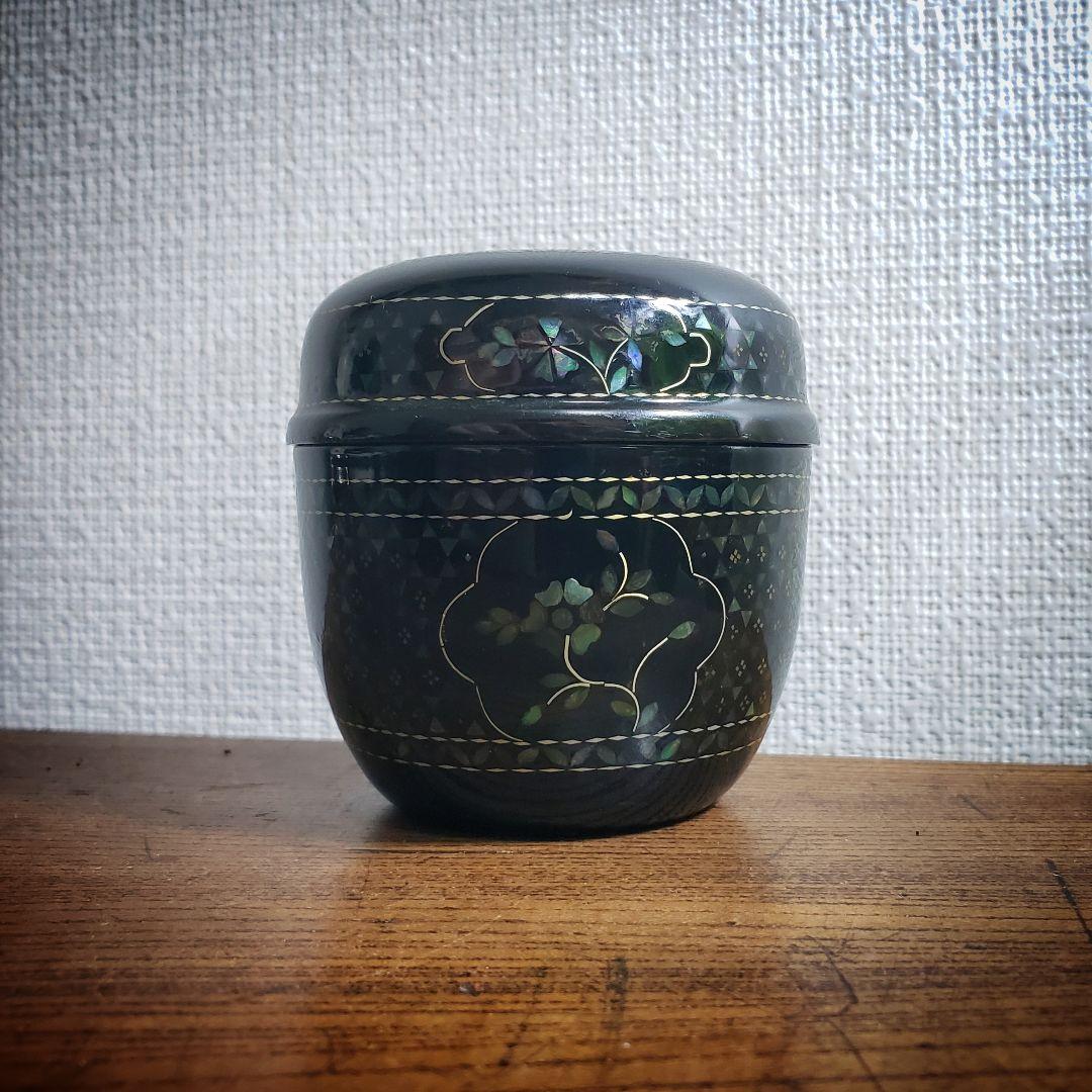 茶道具 棗 漆塗 螺鈿細工 花紋様 高さ7cm　なつめ　中棗