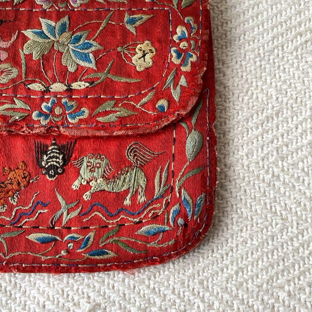 アンティーク シルクロード チャイナ チベット 赤シルク古刺繍 3口袋 時代物