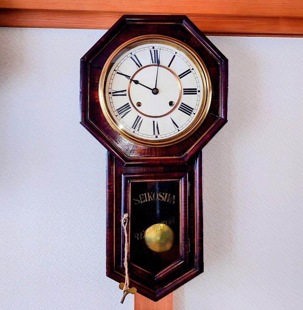 〈完動美品〉精工舎　大型十寸中玉縁八角尾長ゼンマイ振り子時計　アンティーク古時計