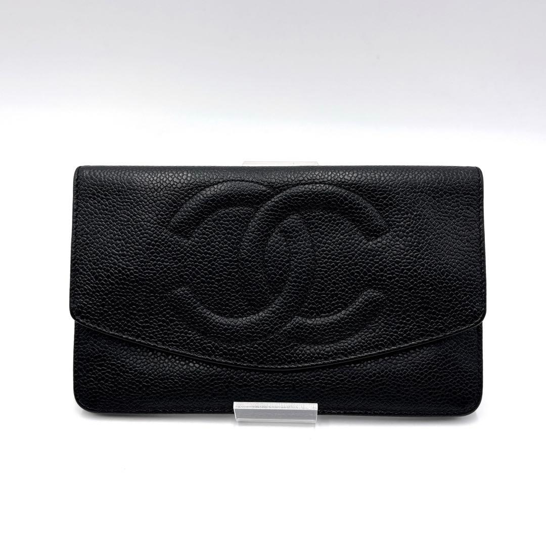 【美品】CHANEL シャネル ココマーク キャビアスキン 折り財布 ゴールド