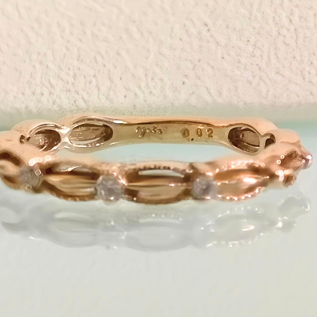 agete　K10 YG　透かし　ミルグレイン　ダイヤモンド　リング　1号