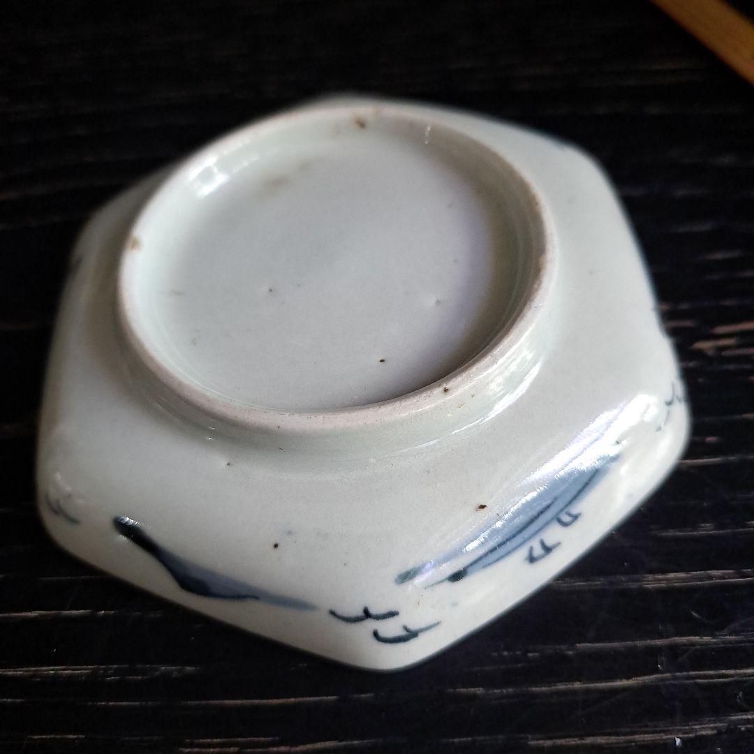 江戸初期　呉須　六角型　　豆皿　超極上　山水人物 月夜のウサギ図　１客　完品に近