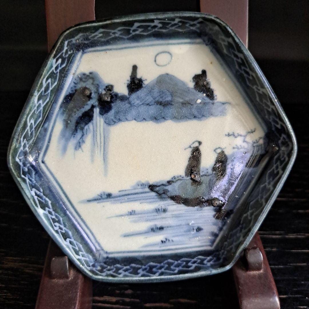 江戸初期　呉須　六角型　　豆皿　超極上　山水人物 月夜のウサギ図　１客　完品に近