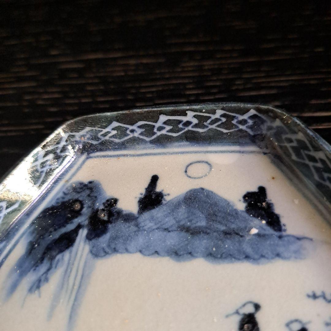 江戸初期　呉須　六角型　　豆皿　超極上　山水人物 月夜のウサギ図　１客　完品に近
