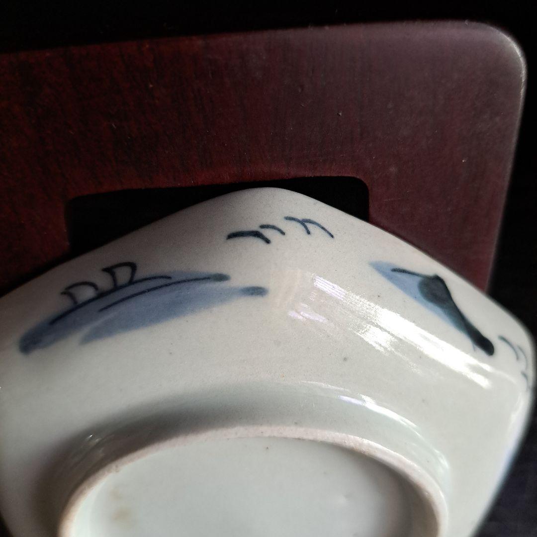 江戸初期　呉須　六角型　　豆皿　超極上　山水人物 月夜のウサギ図　１客　完品に近