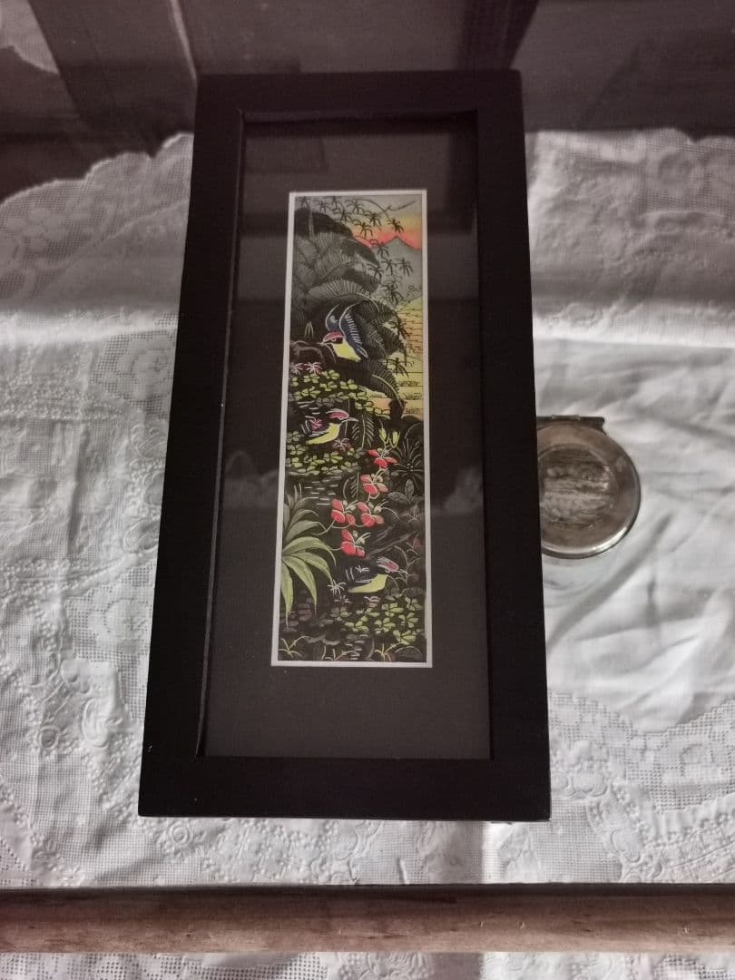 インドネシアバリ島アート 田園と亜熱帯の鳥と花 細密手描き風景画 マスターピース