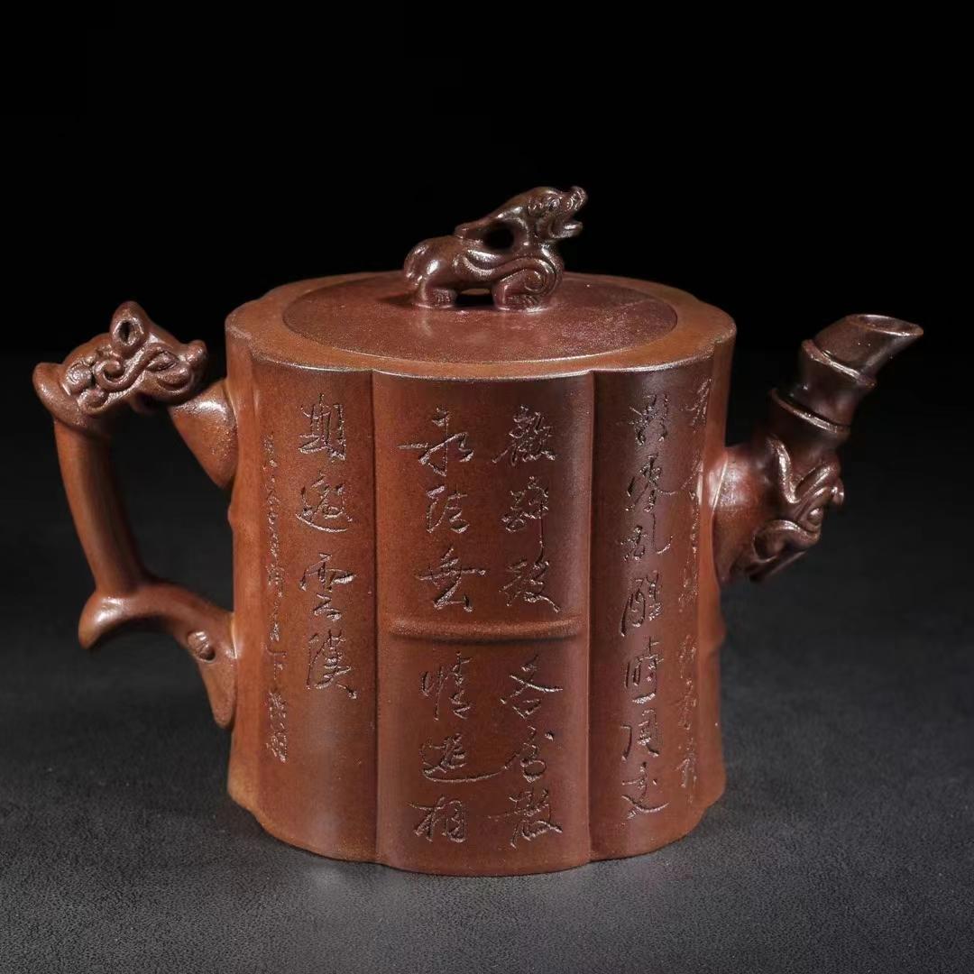 中国古美術・原鉱底槽清泥龍騰盛世紋急須・紫砂壺・底款:朱可心紋・朱泥・急須・茶壺